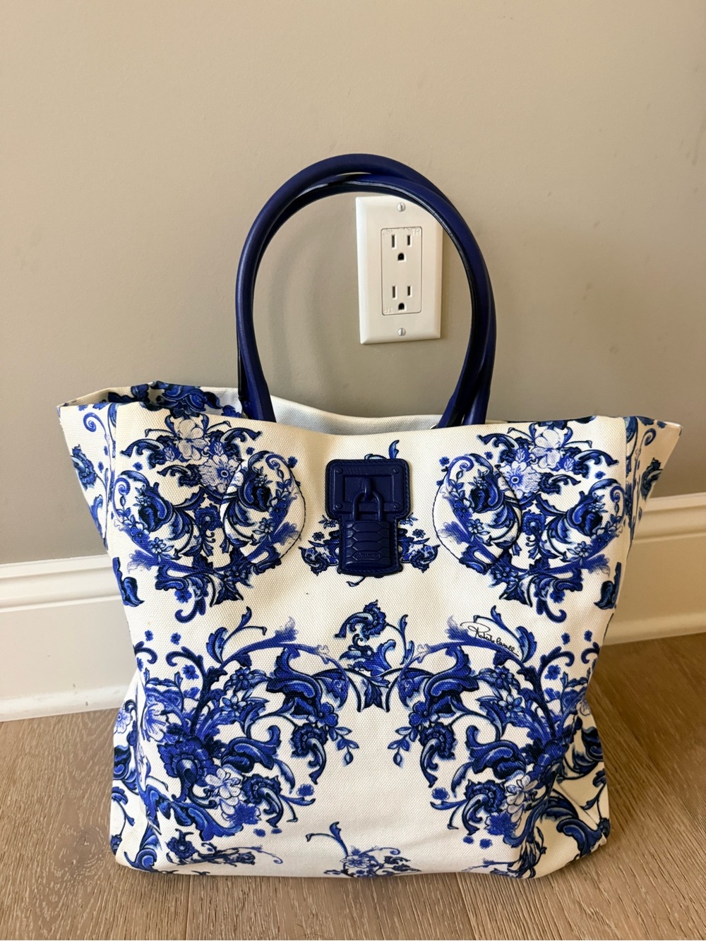 Roberto Cavalli White Canvas Tote with Blue Baroque Print and Blue Handles